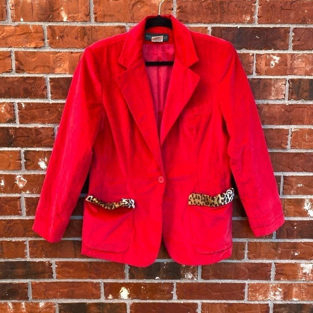 Vintage Harve Bernard Womens 12 Red Velour Velvet Leopard Pockets Blzer Jacket